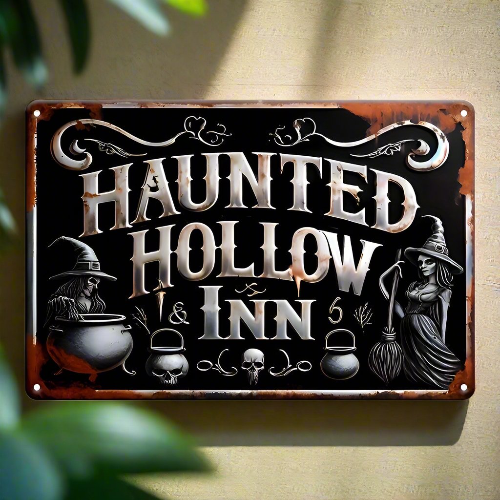 Haunted Hollow Inn Metal Sign Witch Wall Decor Halloween Welcome Sign-MoonChildWorld