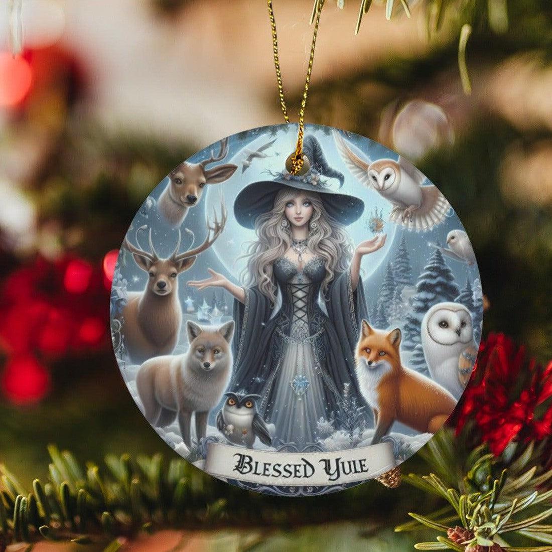 Spirit Animals and Winter Witch Ceramic Christmas Ornament-MoonChildWorld