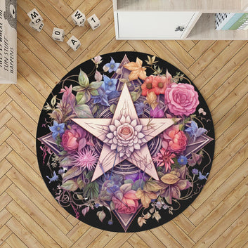 Floral Pentagram Round Rug Wicca Rug