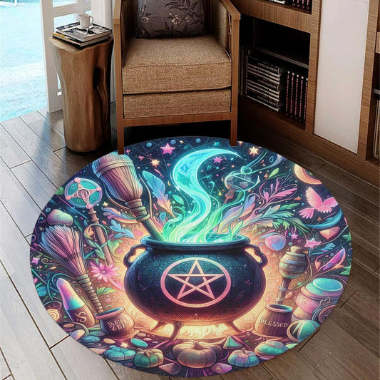 Witch Cauldron Round Rug Magic Witchy Carpet for Wicca Home Decor