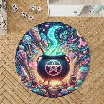 Witch Cauldron Round Rug Magic Witchy Carpet for Wicca Home Decor