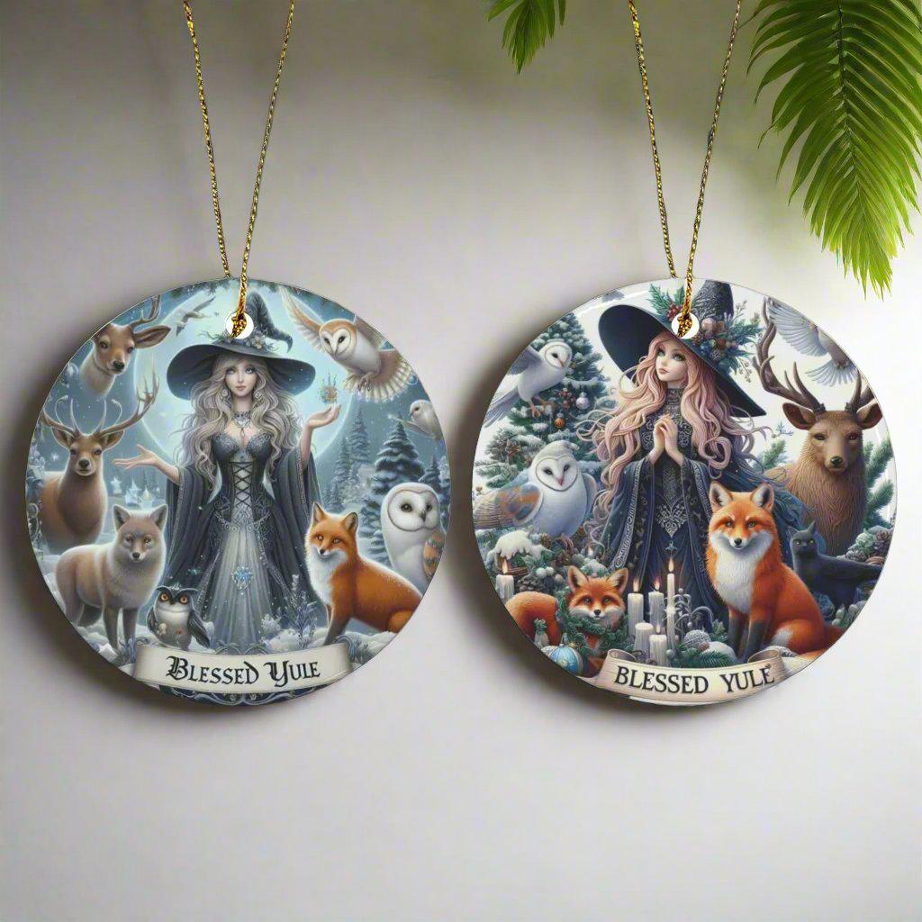 Spirit Animals and Winter Witch Ceramic Christmas Ornament-MoonChildWorld