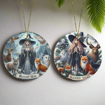 Spirit Animals and Winter Witch Ceramic Christmas Ornament