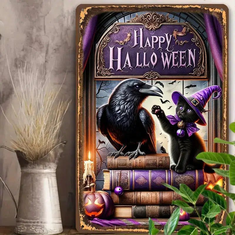 Gothic Raven and Black Cat Metal Sign Wall Decor Halloween Welcome Sign-MoonChildWorld