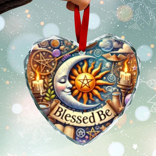 Cestial Sun Moon Pagan Wicca Yule Heart-Shaped Crystal Glass Ornament