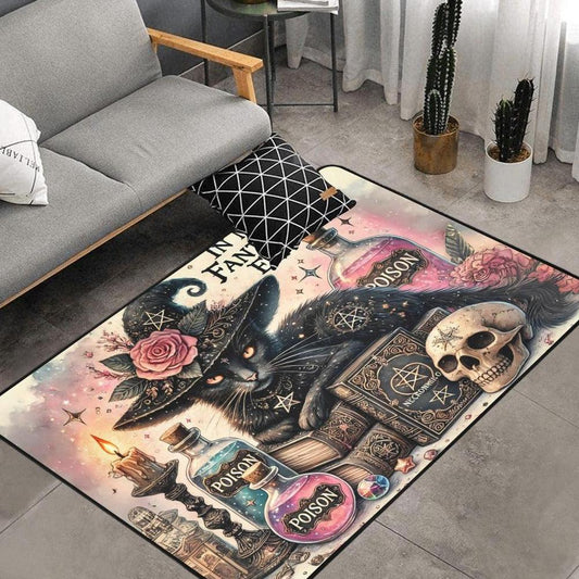 Gothic Black Cat Wiccan Area Rug Witchy Cat Witchcraft Carpet for Halloween