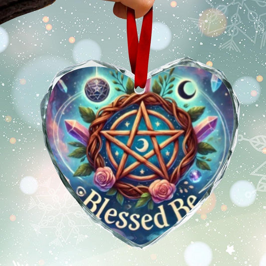 Pagan Yule Pentacle Wicca Christmas Heart-Shaped Crystal Glass Ornament