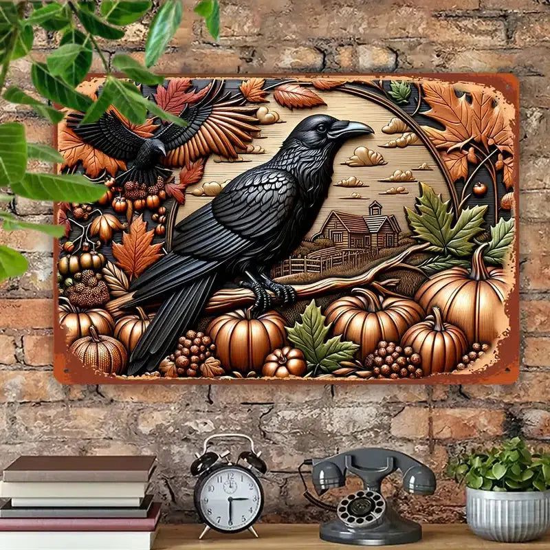 Pumpkin & Crow Metal Sign Fall Harvest Wall Decor Halloween Sign-MoonChildWorld