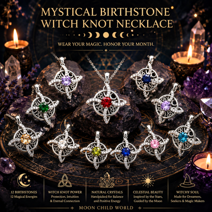 Mystical birthstone witch knot necklaces with crystal pendants, displayed on altar with candles and crystals