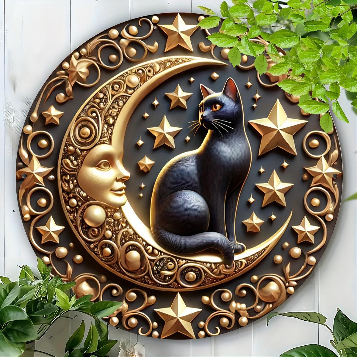 Black Cat and Moon Metal Tin Sign Witchy Cat Wall Art for Wiccan Christmas Decor-MoonChildWorld