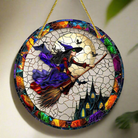 Halloween Witch Suncatcher Gothic Acrylic Round Sign Witch Window Hanging Decor