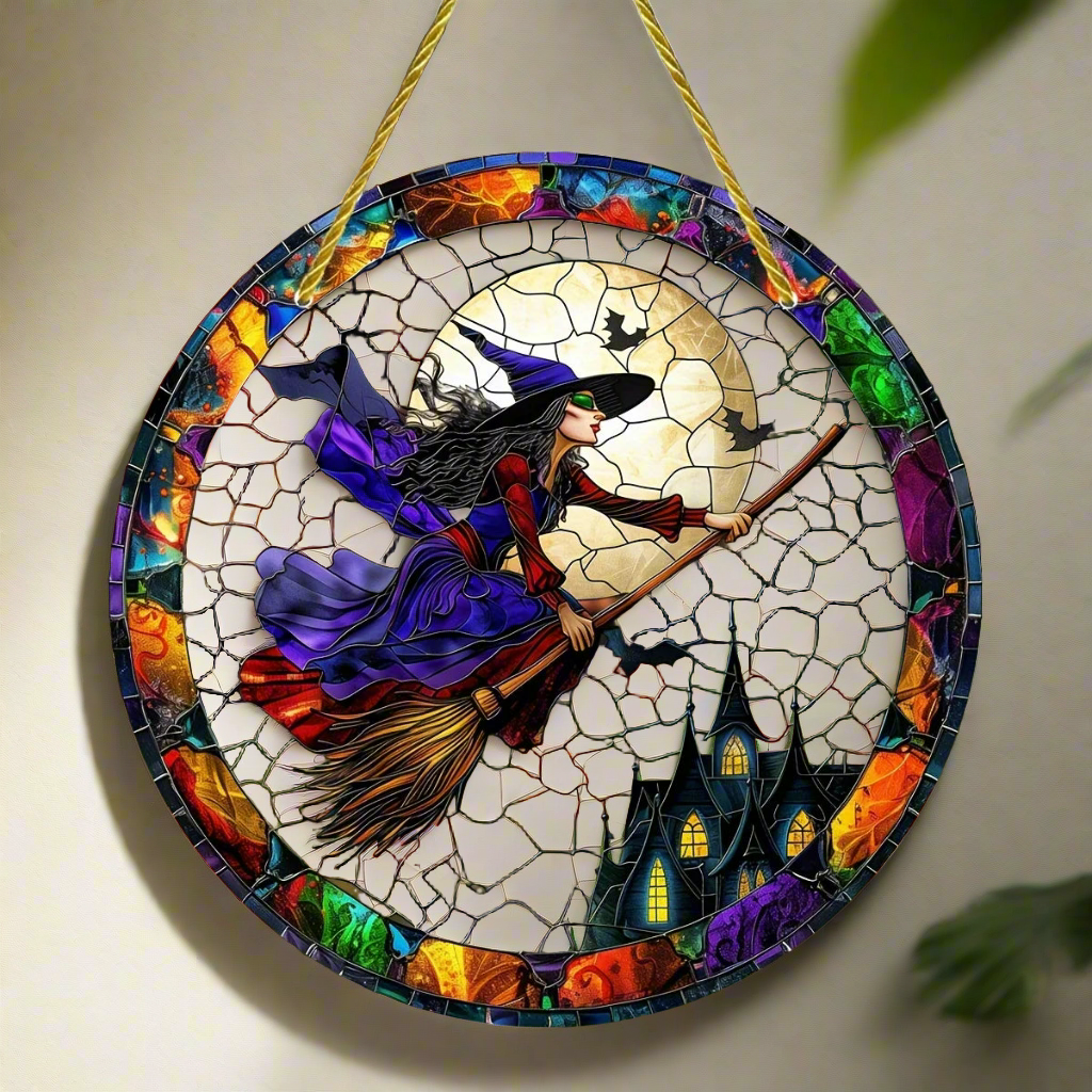 Halloween Witch Suncatcher Gothic Acrylic Round Sign Witch Window Hanging Decor-MoonChildWorld