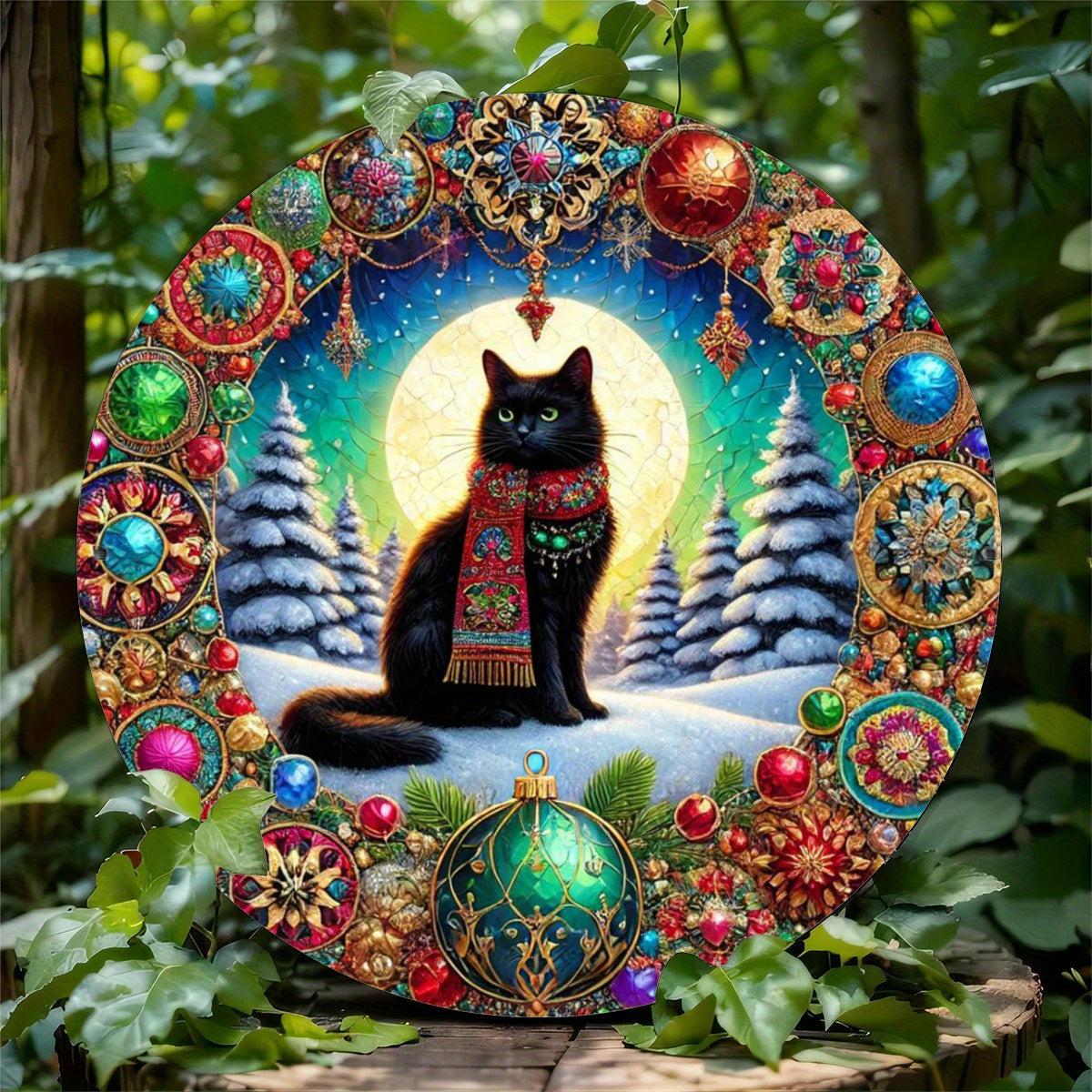 Charming Black Cat Metal Sign for Witchy Christmas Wall Decor-MoonChildWorld