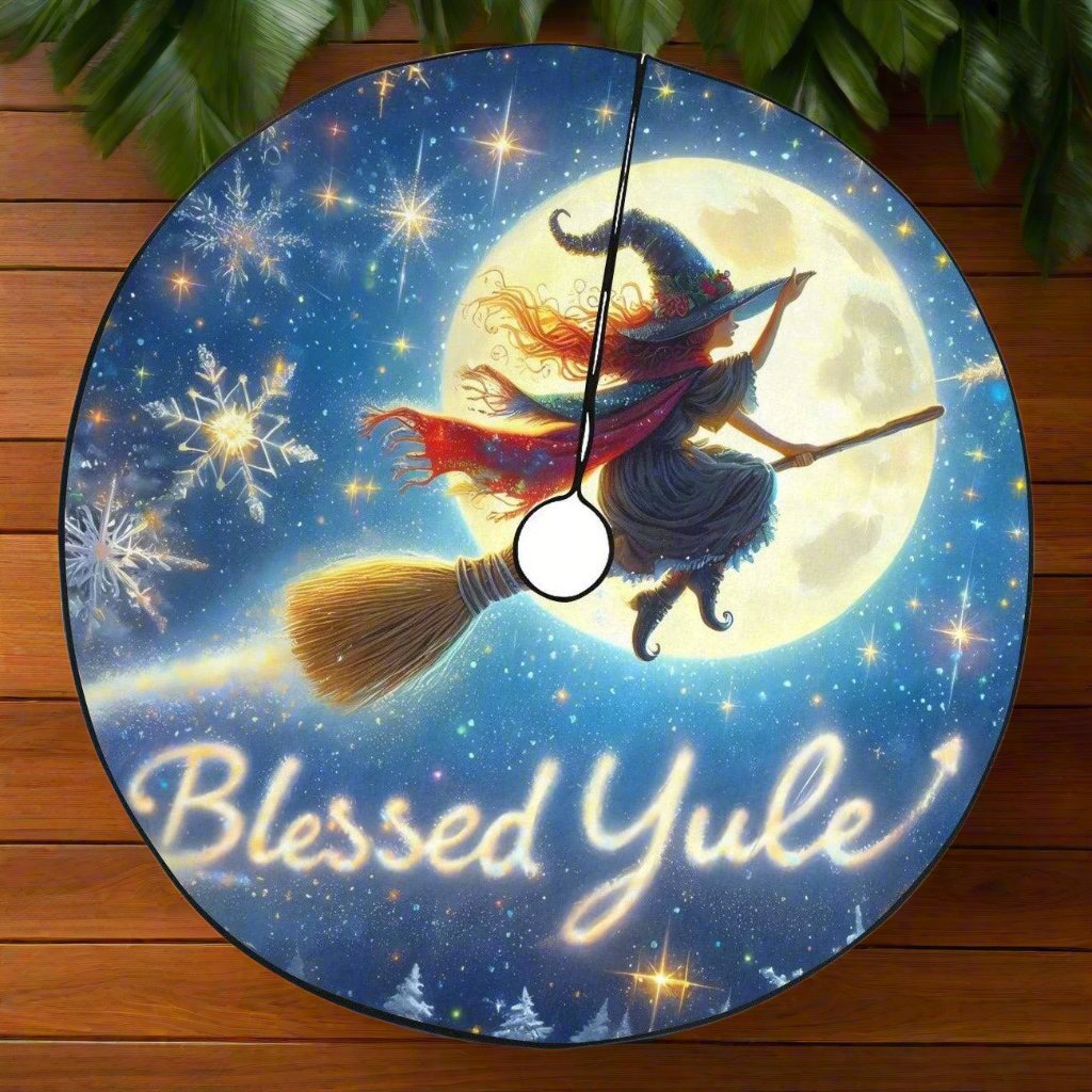 Full Moon and Flying Witch Christmas Tree Skirt for Yule Decor-MoonChildWorld