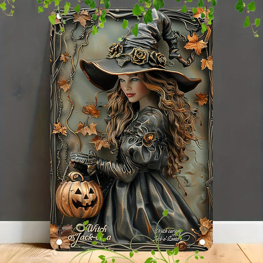 Witch and Pumpkin Wall Art Witch Metal Sign for Halloween Wall Decor