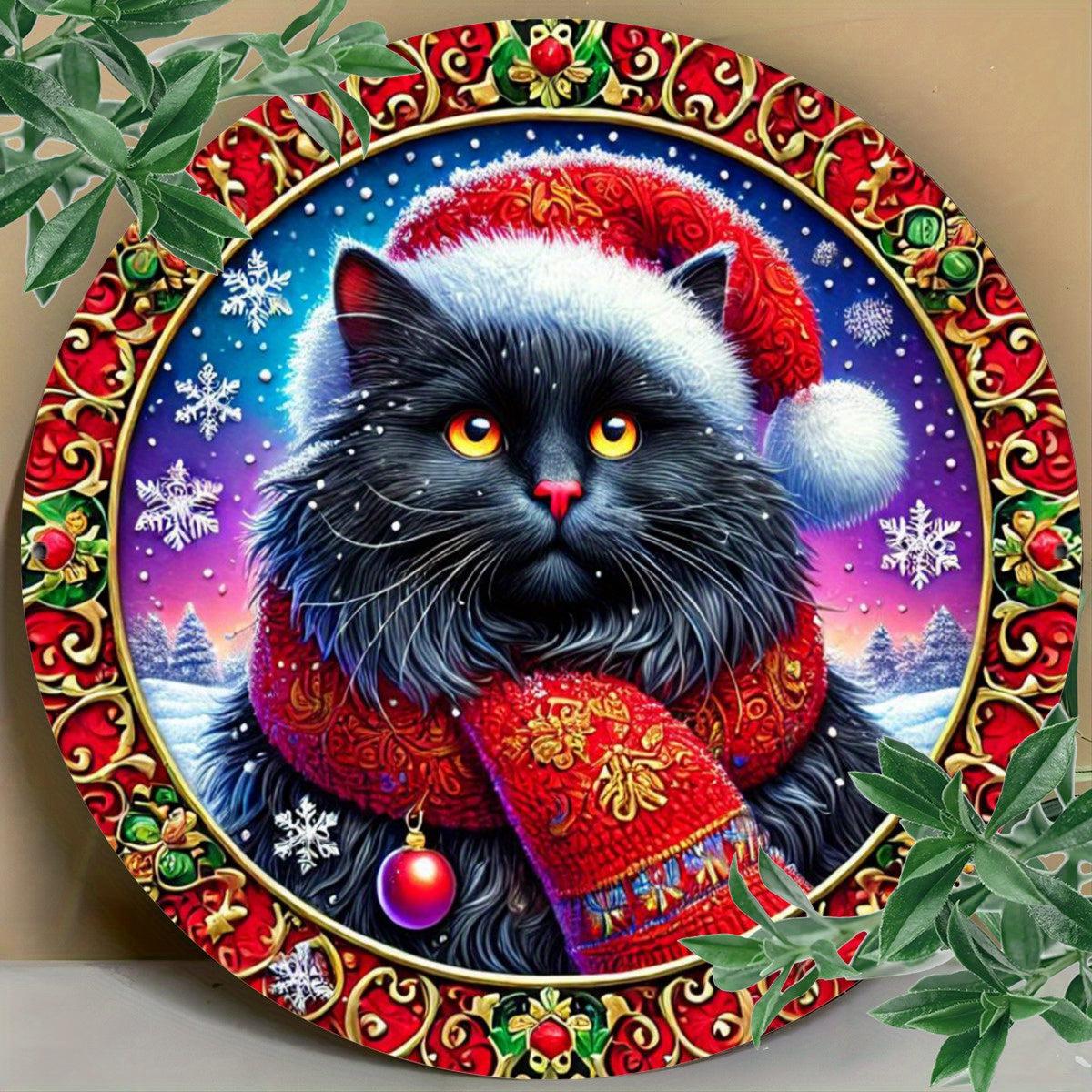 Charming Black Cat Metal Sign for Witchy Christmas Wall Decor-MoonChildWorld