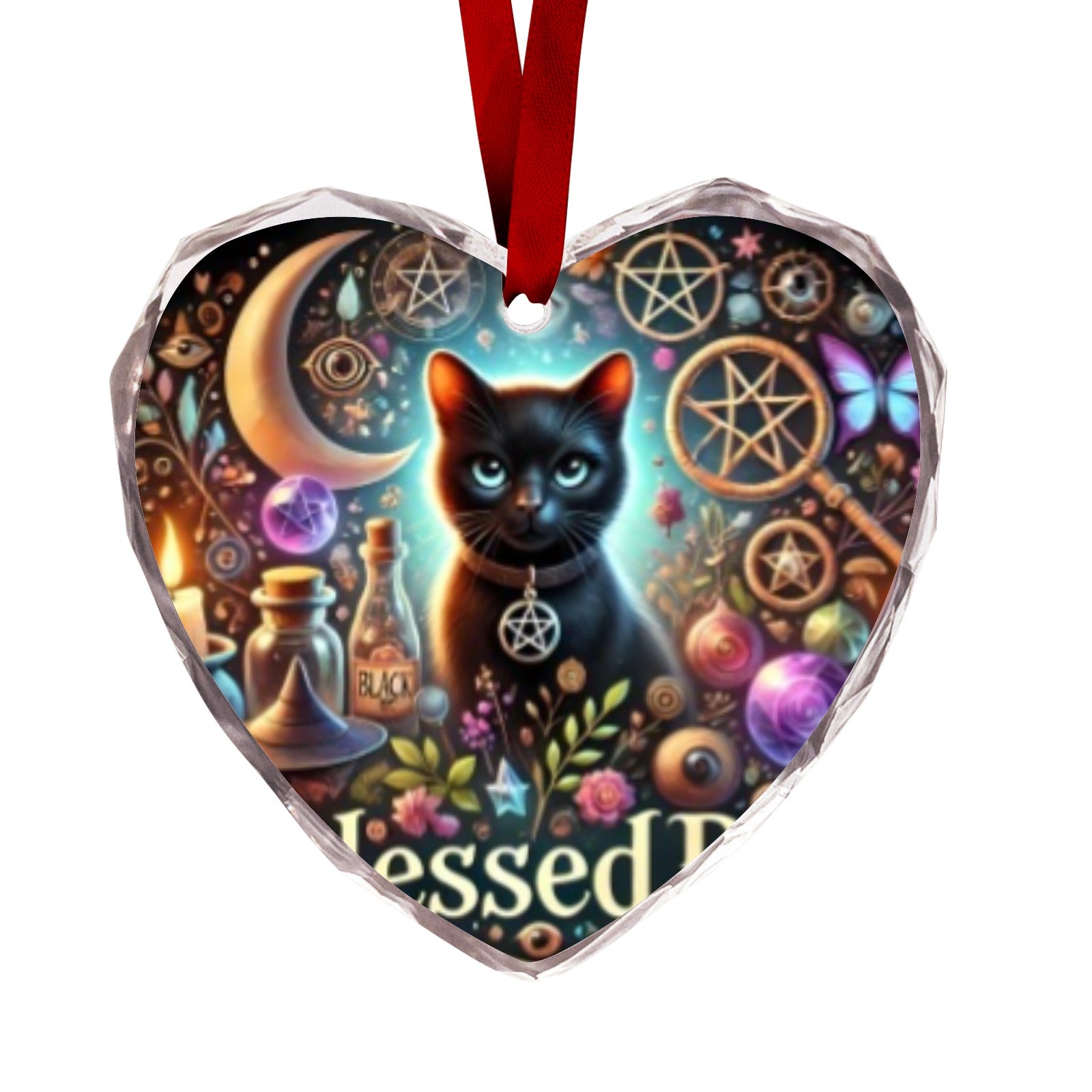 Witchy Black Cat Wiccan Christmas Heart-Shaped Crystal Glass Ornament-MoonChildWorld