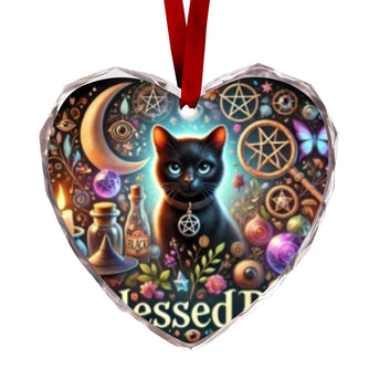 Witchy Black Cat Wiccan Christmas Heart-Shaped Crystal Glass Ornament