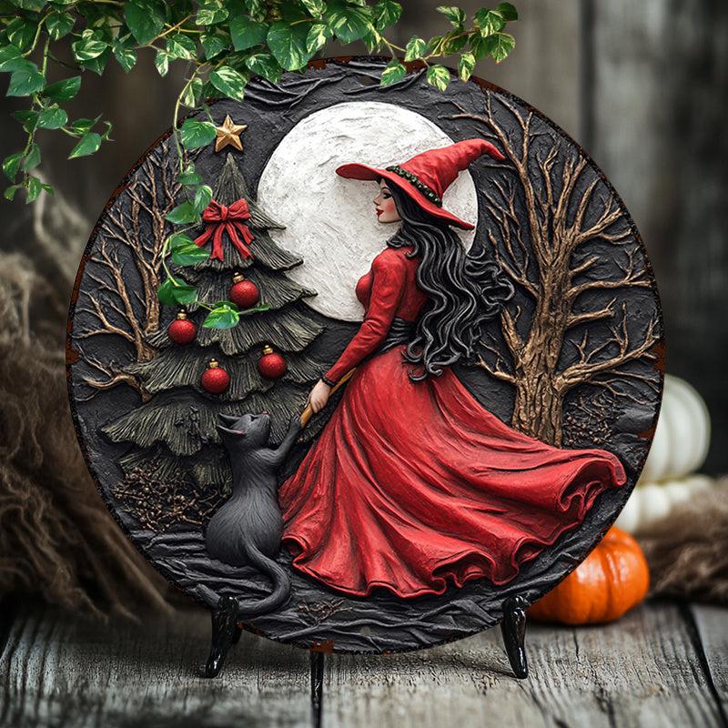 Black Cat and Christmas Witch Wall Art Wiccan Metal Sign for Pagan Yule Home Decorations-MoonChildWorld