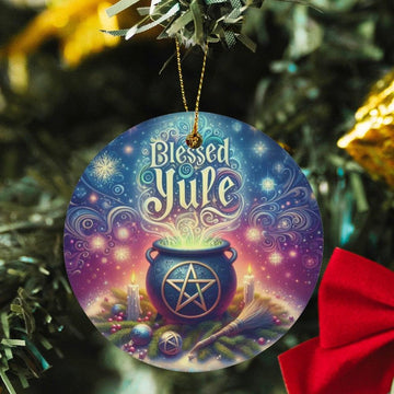 Pagan Pentacle Cauldron Witch Ceramic Christmas Ornament-MoonChildWorld