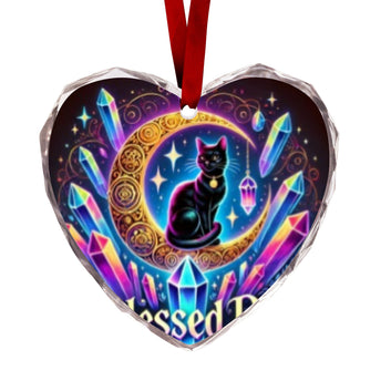 Crescent moon Black Cat Witchy Christmas Heart-Shaped Crystal Glass Ornament