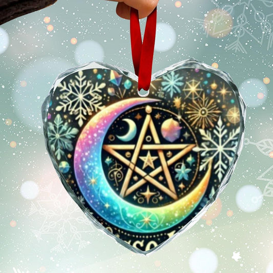 Crescent moon Pentagram Wicca Yule Heart-Shaped Crystal Glass Ornament