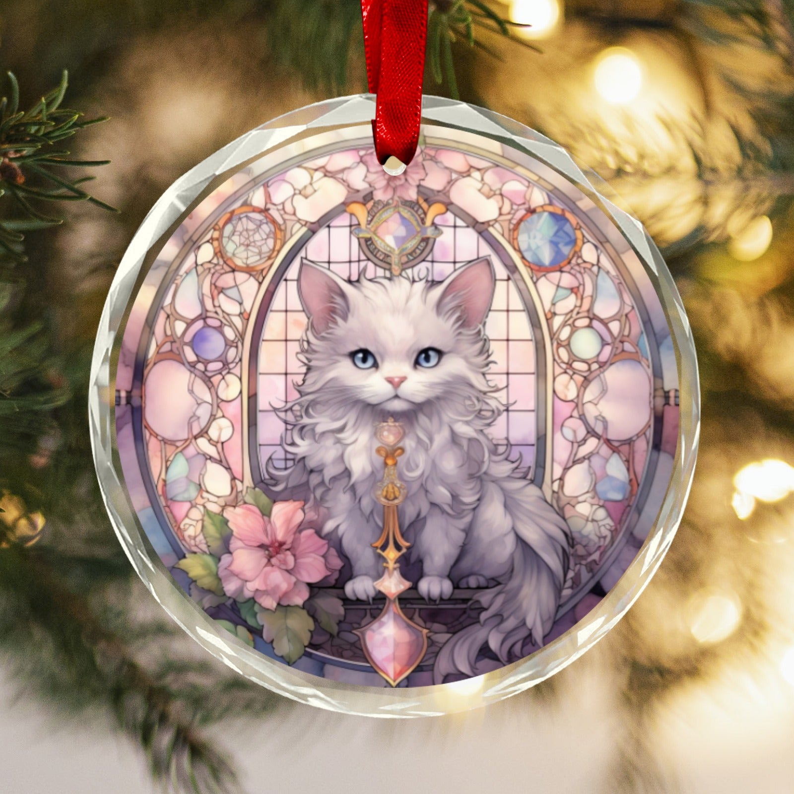 White Cat Glass Christmas Ornament-MoonChildWorld