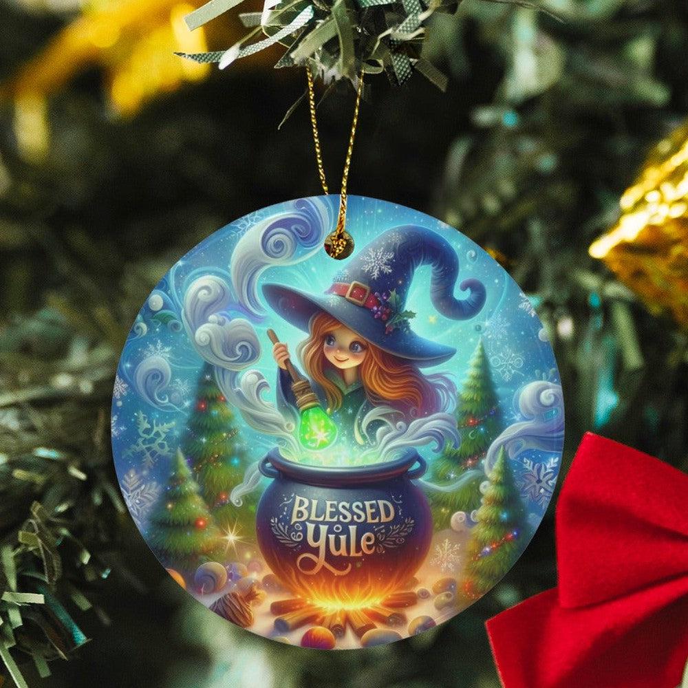 Winter Witch Ceramic Christmas Ornament for Yule Tree Decorations-MoonChildWorld