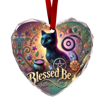 Wicca Black Cat Witchy Christmas Heart-Shaped Crystal Glass Ornament