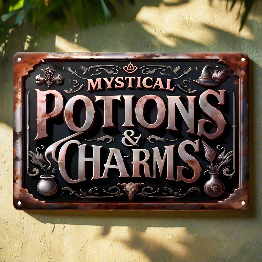 Mystical Potions & Charms Metal Sign Witch Wall Decor Halloween Welcome Sign-MoonChildWorld