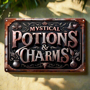 Mystical Potions & Charms Metal Sign Witch Wall Decor Halloween Welcome Sign-MoonChildWorld