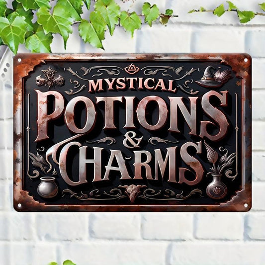 Mystical Potions & Charms Metal Sign Witch Wall Decor Halloween Welcome Sign