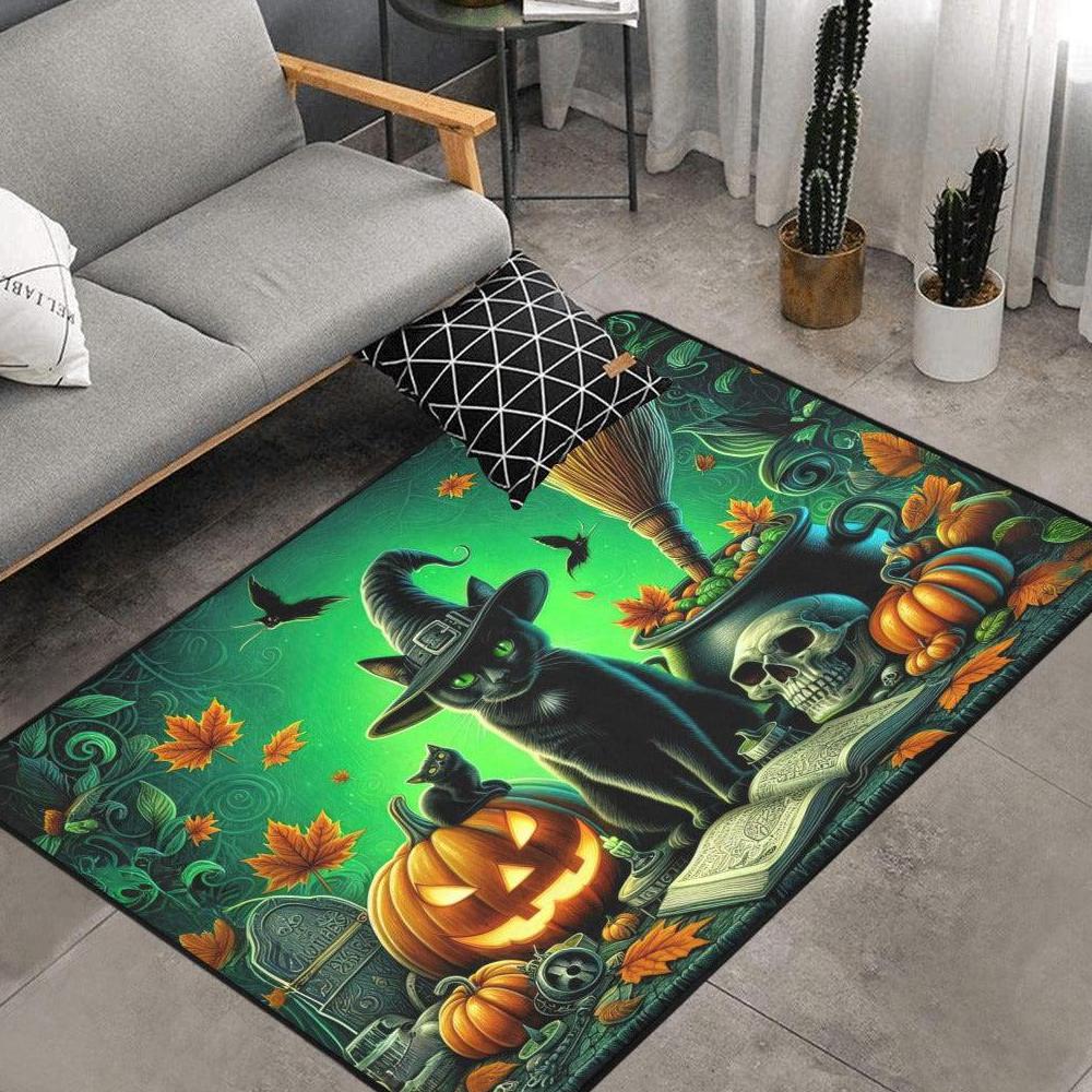 Black Cat Gothic Area Rug Witchy Cat Halloween Carpet-MoonChildWorld