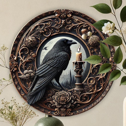 Raven Wall Art With Flowers & Candles Gothic Crow Metal Sign