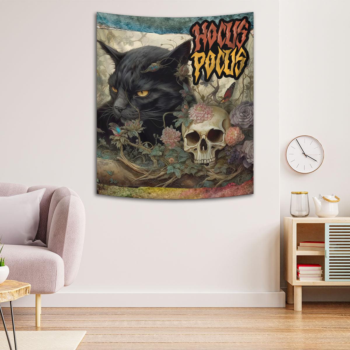 Skull and Black Cat Tapestry Gothic Wall Hanging for Halloween-MoonChildWorld