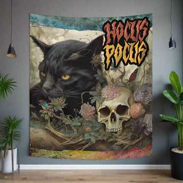 Skull and Black Cat Tapestry Gothic Wall Hanging for Halloween-MoonChildWorld