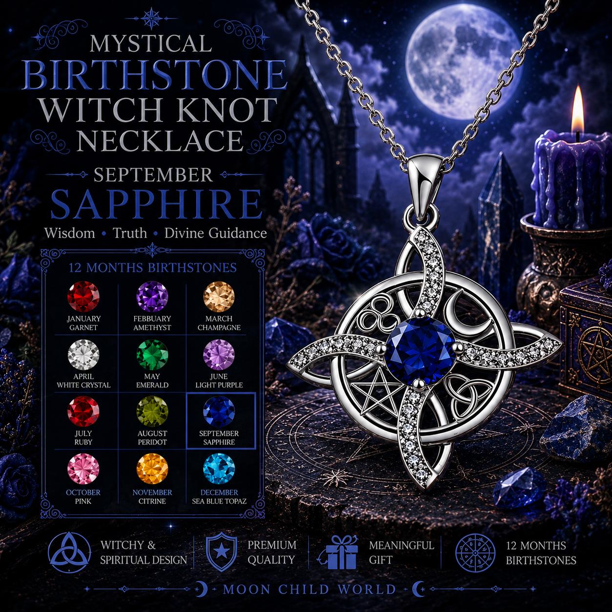 September sapphire witch knot necklace with pentacle & Celtic design, mystical birthstone jewelry for Wiccan altars
