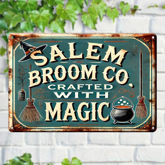 Salem Broom Co. Vintage Metal Sign Witch Wall Sign Halloween Welcome Sign