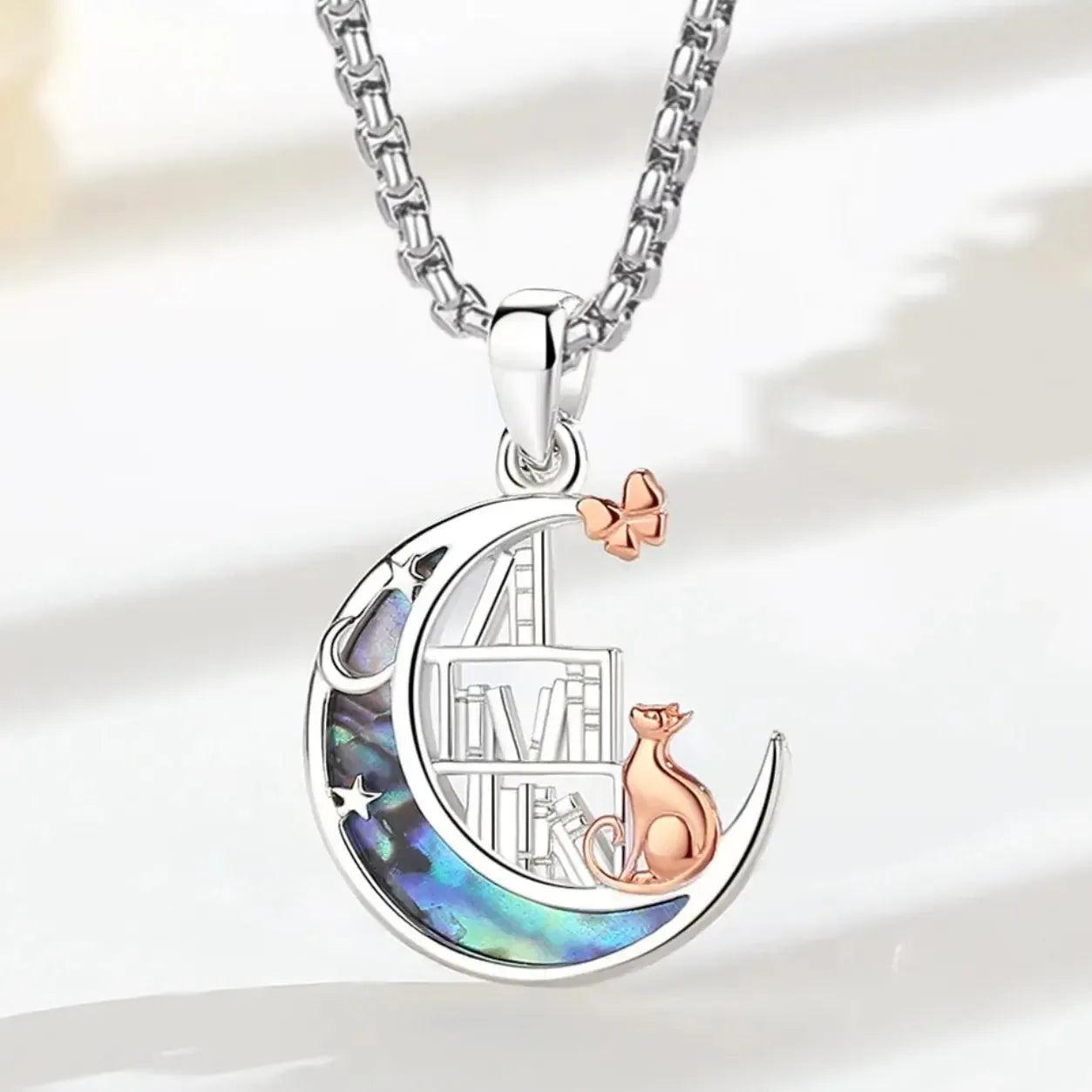 925 Silver Abalone Shell Moon Cat Bookshelf Necklace Witchy Jewelry-MoonChildWorld