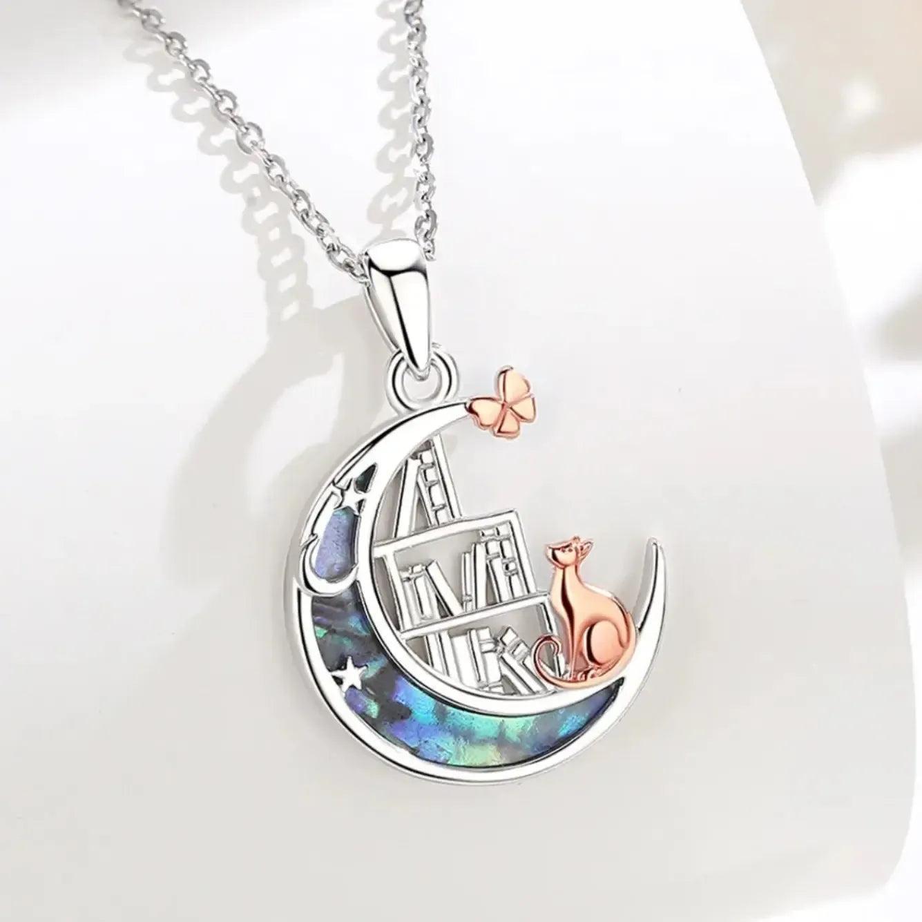 925 Silver Abalone Shell Moon Cat Bookshelf Necklace Witchy Jewelry-MoonChildWorld
