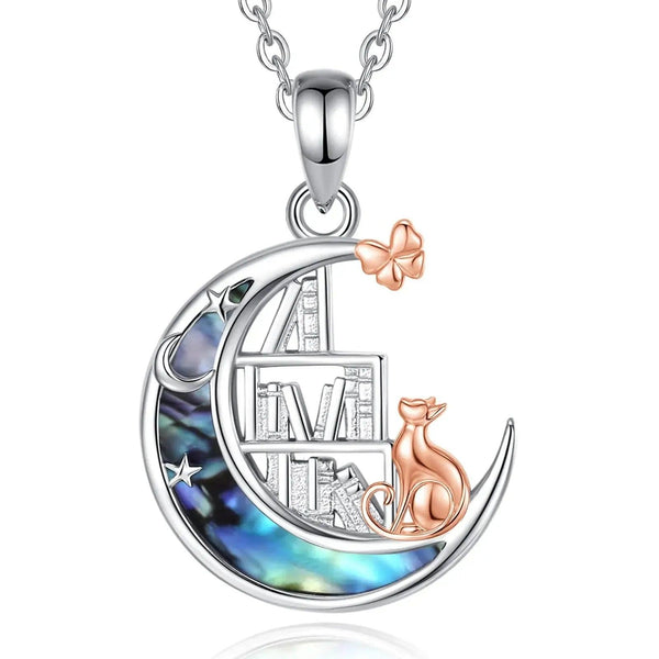 925 Silver Abalone Shell Moon Cat Bookshelf Necklace Witchy Jewelry-MoonChildWorld