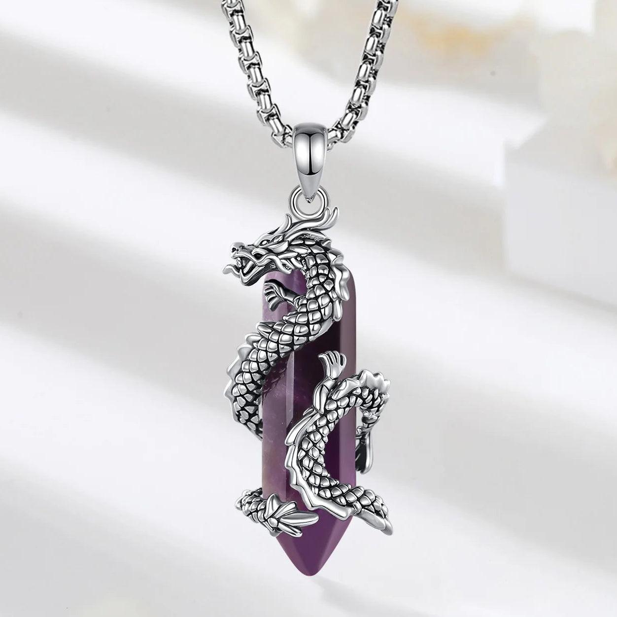 925 Silver Amethyst Dragon Necklace Punk Natural Crystal Healing Stone Amulet Spiritual Jewelry-MoonChildWorld