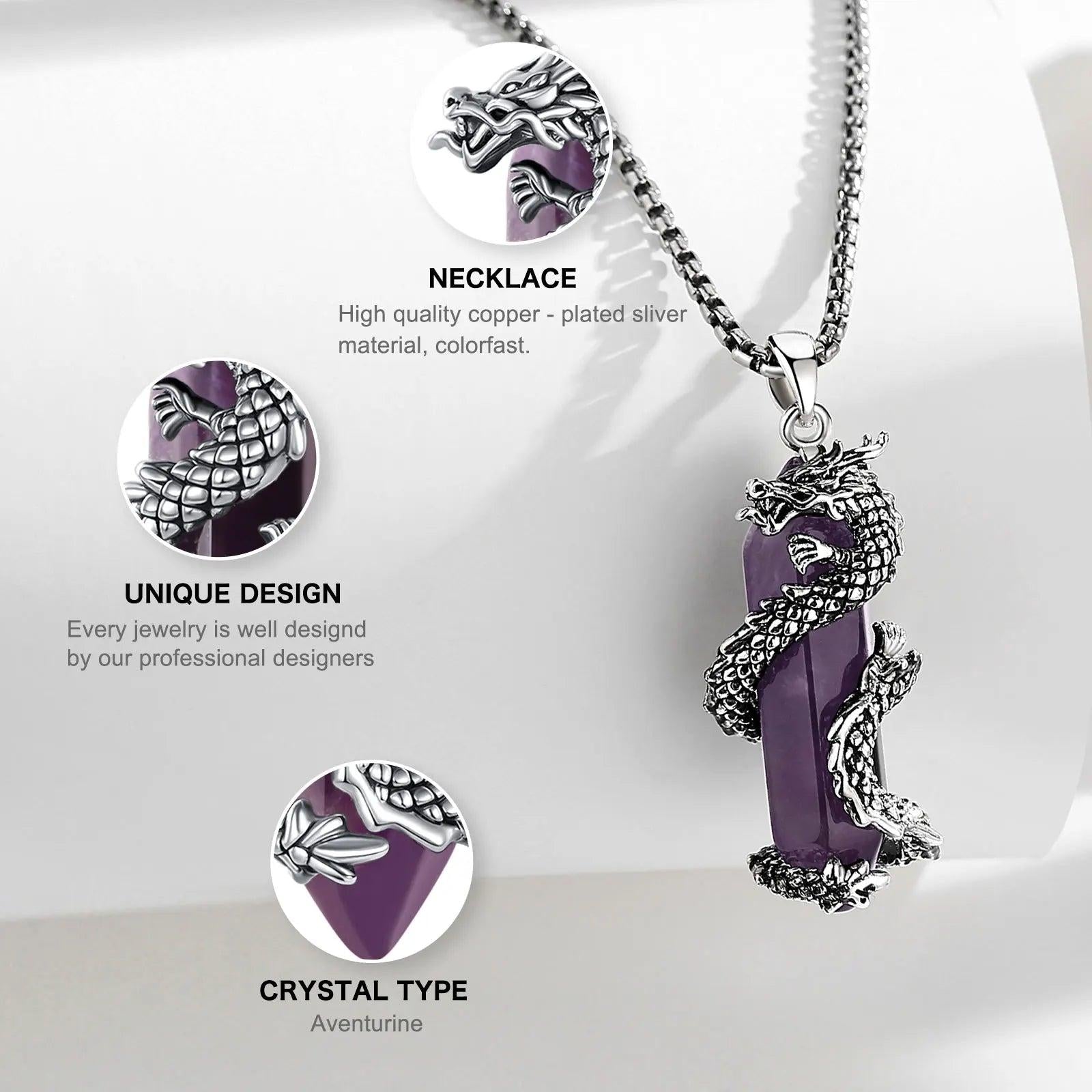 925 Silver Amethyst Dragon Necklace Punk Natural Crystal Healing Stone Amulet Spiritual Jewelry-MoonChildWorld