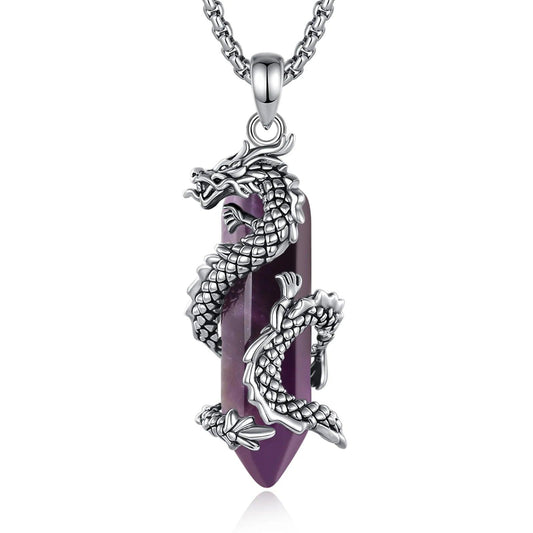 925 Silver Amethyst Dragon Necklace Punk Natural Crystal Healing Stone Amulet Spiritual Jewelry-MoonChildWorld