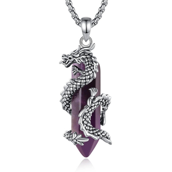 925 Silver Amethyst Dragon Necklace Punk Natural Crystal Healing Stone Amulet Spiritual Jewelry-MoonChildWorld