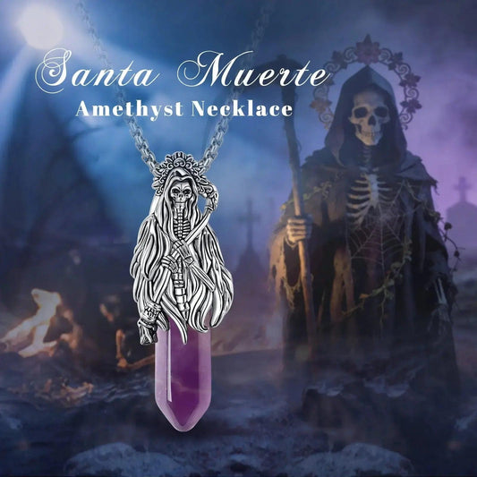 925 Silver Amethyst Grim Reaper Necromancer Skeleton Skull Necklace - Holy Death Scythe Mexican Pendant Gothic Jewelry Halloween Gift-MoonChildWorld