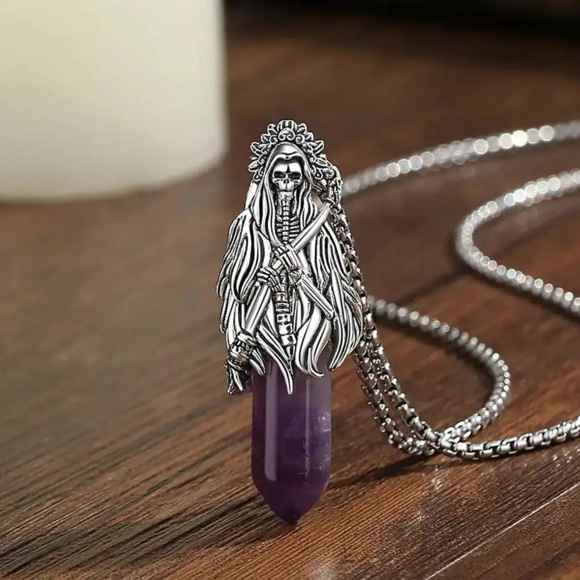 925 Silver Amethyst Grim Reaper Necromancer Skeleton Skull Necklace - Holy Death Scythe Mexican Pendant Gothic Jewelry Halloween Gift-MoonChildWorld