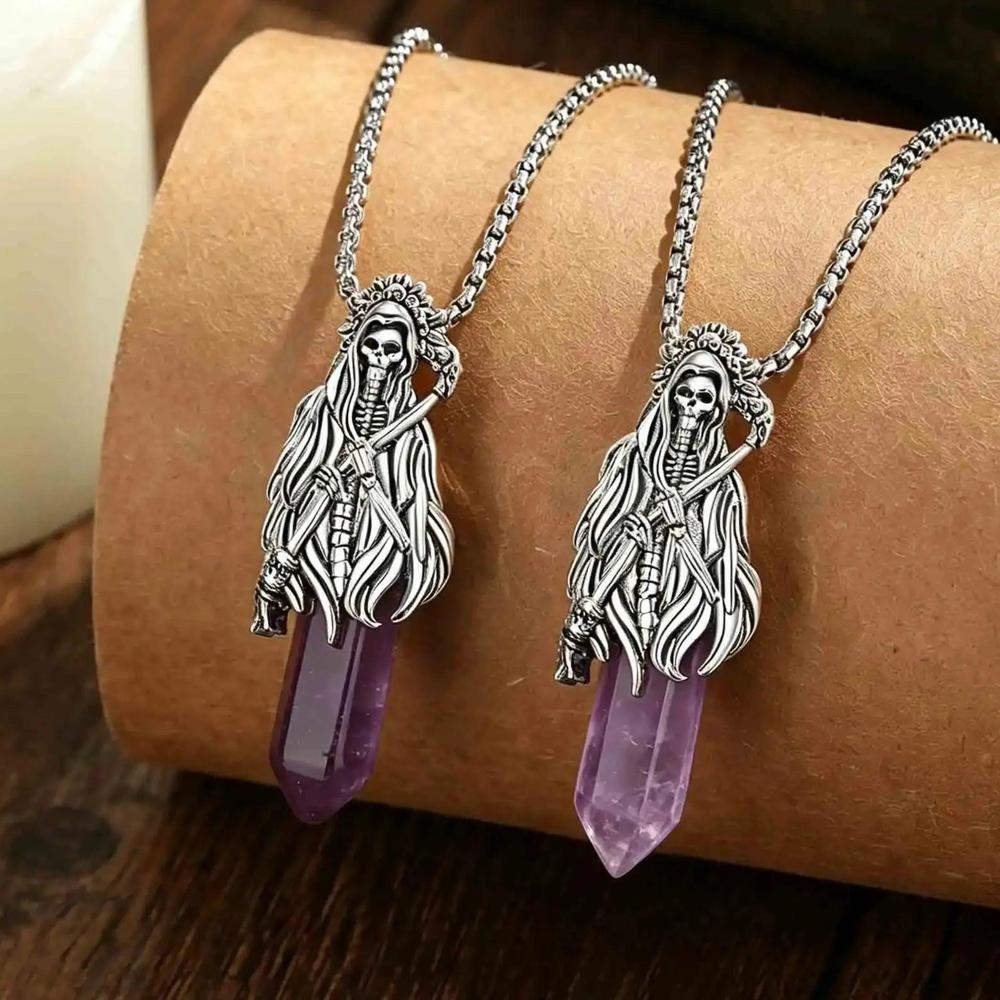 925 Silver Amethyst Grim Reaper Necromancer Skeleton Skull Necklace - Holy Death Scythe Mexican Pendant Gothic Jewelry Halloween Gift-MoonChildWorld