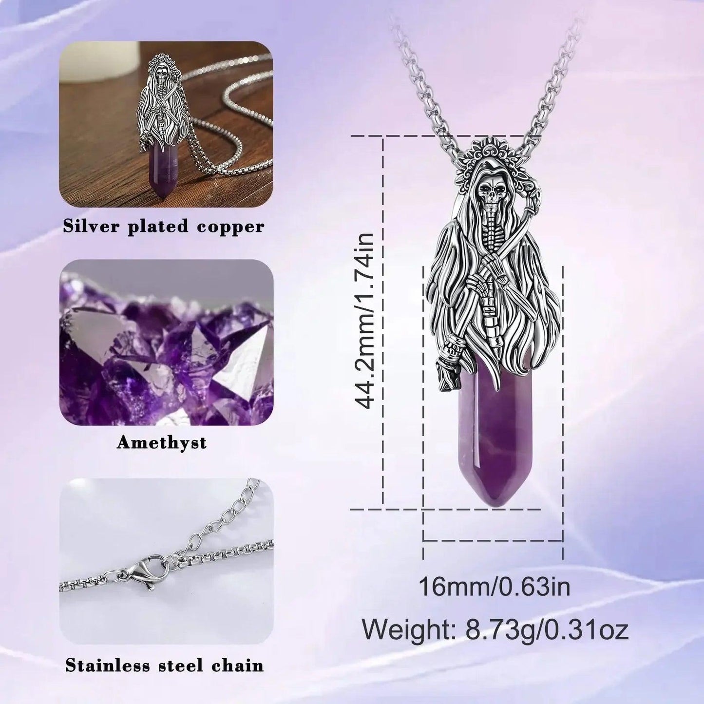 925 Silver Amethyst Grim Reaper Necromancer Skeleton Skull Necklace - Holy Death Scythe Mexican Pendant Gothic Jewelry Halloween Gift-MoonChildWorld