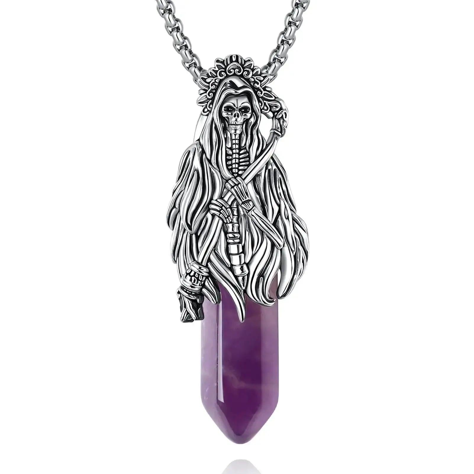 925 Silver Amethyst Grim Reaper Necromancer Skeleton Skull Necklace - Holy Death Scythe Mexican Pendant Gothic Jewelry Halloween Gift-MoonChildWorld